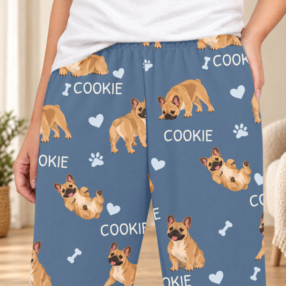 French Bulldog personalized fleece pajama close-up showing breed artwork and example pet name