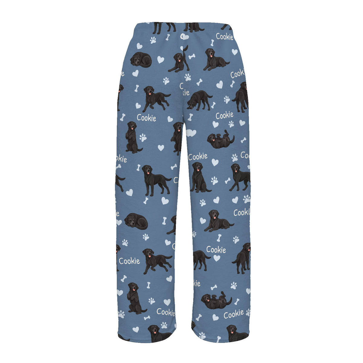 Labrador Retriever personalized pet name fleece pajama trousers, flat back view.