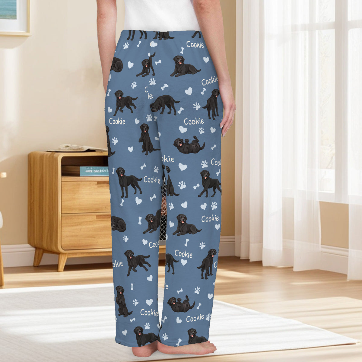 Labrador Retriever personalized pet name fleece pajama trousers, back lifestyle view.