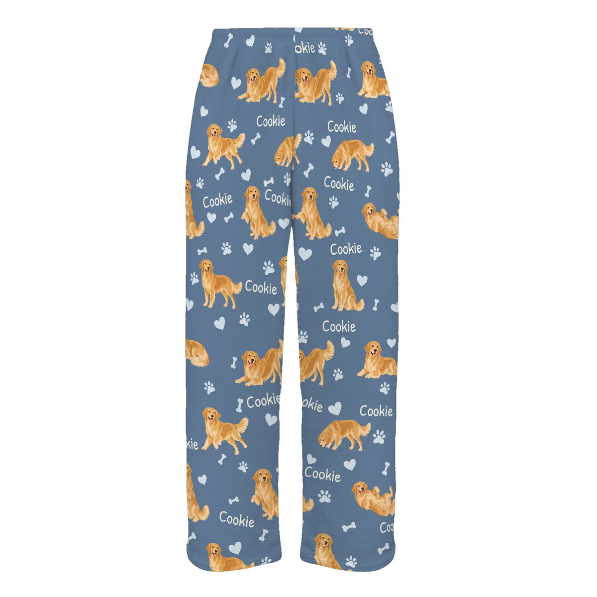Golden Retriever personalized pet name fleece pajama trousers, flat front view.