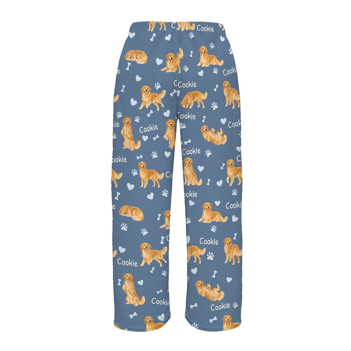 Golden Retriever personalized pet name fleece pajama trousers, flat back view.