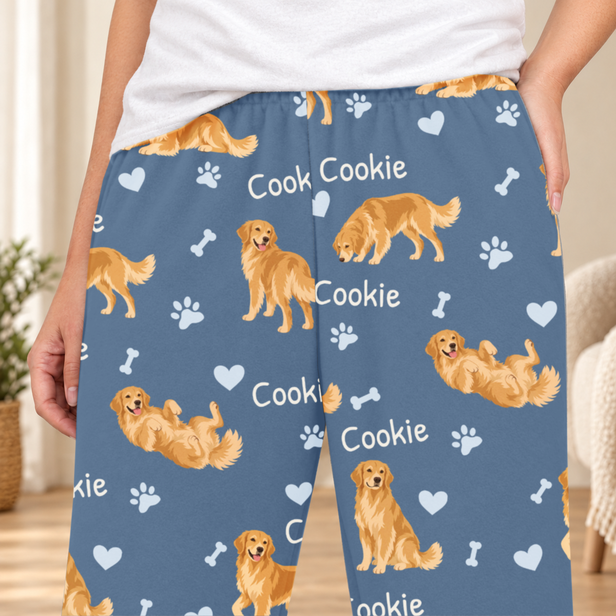Golden Retriever personalized fleece pajama close-up showing breed artwork and example pet name