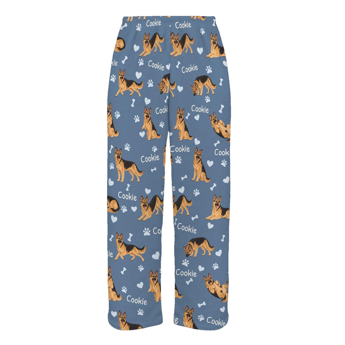 German Shepherd Dog personalized pet name fleece pajama trousers, flat front view.