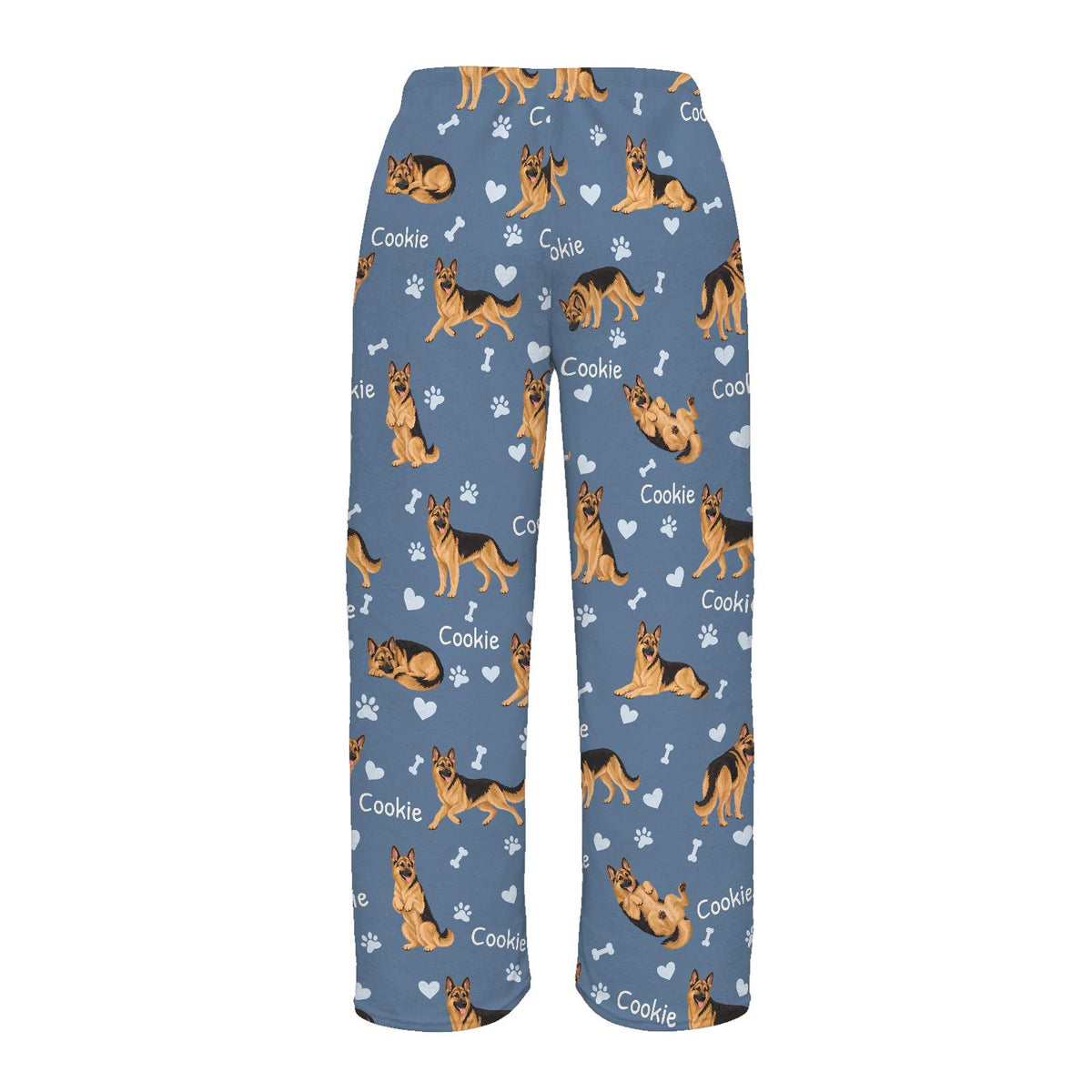 German Shepherd Dog personalized pet name fleece pajama trousers, flat back view.