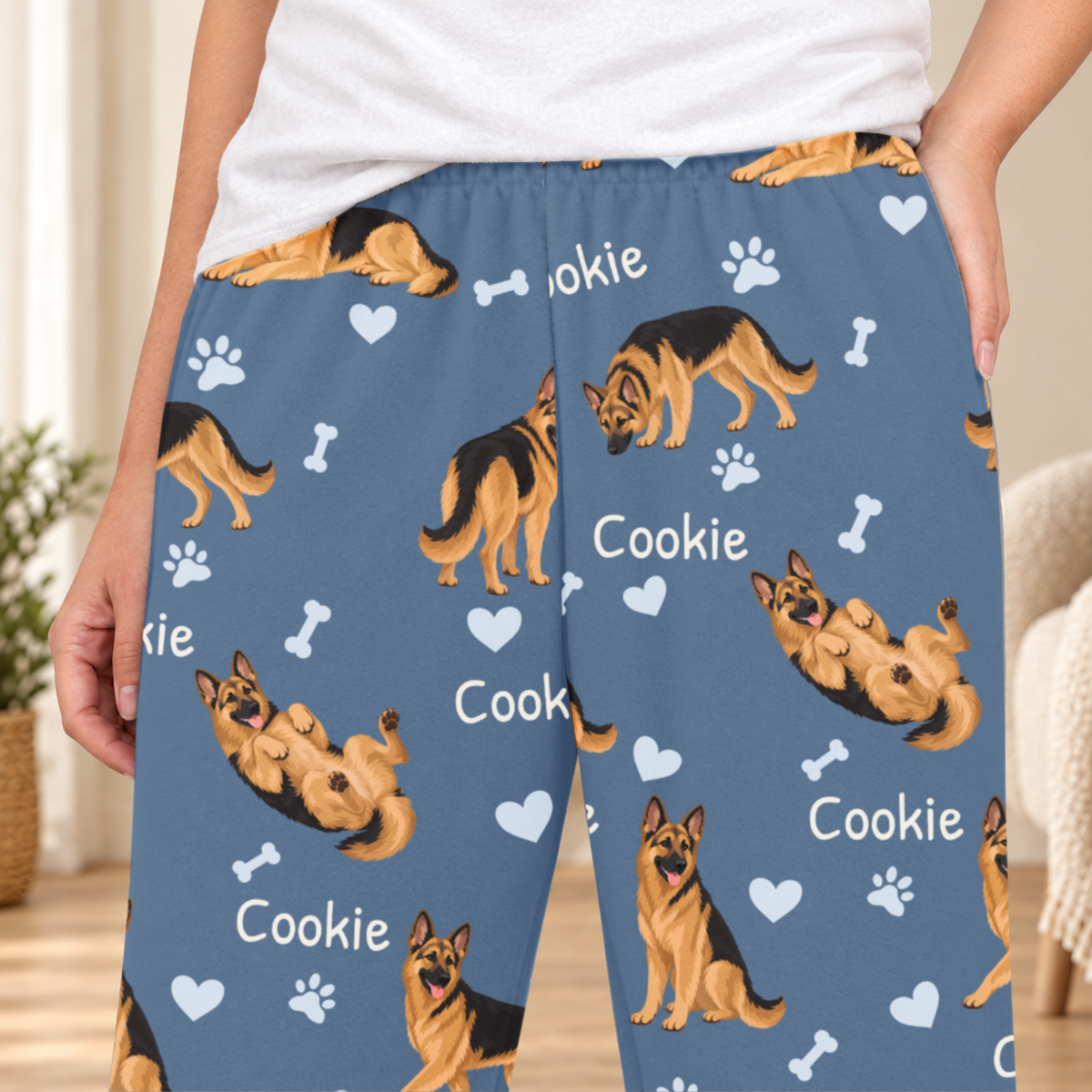 German Shepherd Dog personalized fleece pajama close-up showing breed artwork and example pet name