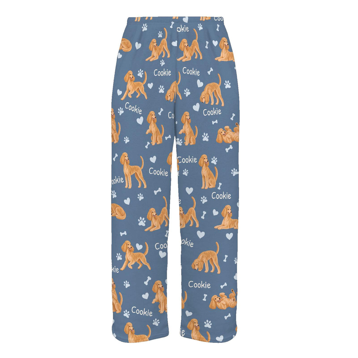 Poodle personalized pet name fleece pajama trousers, flat front view.