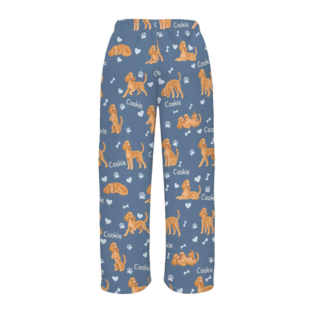 Poodle personalized pet name fleece pajama trousers, flat back view.