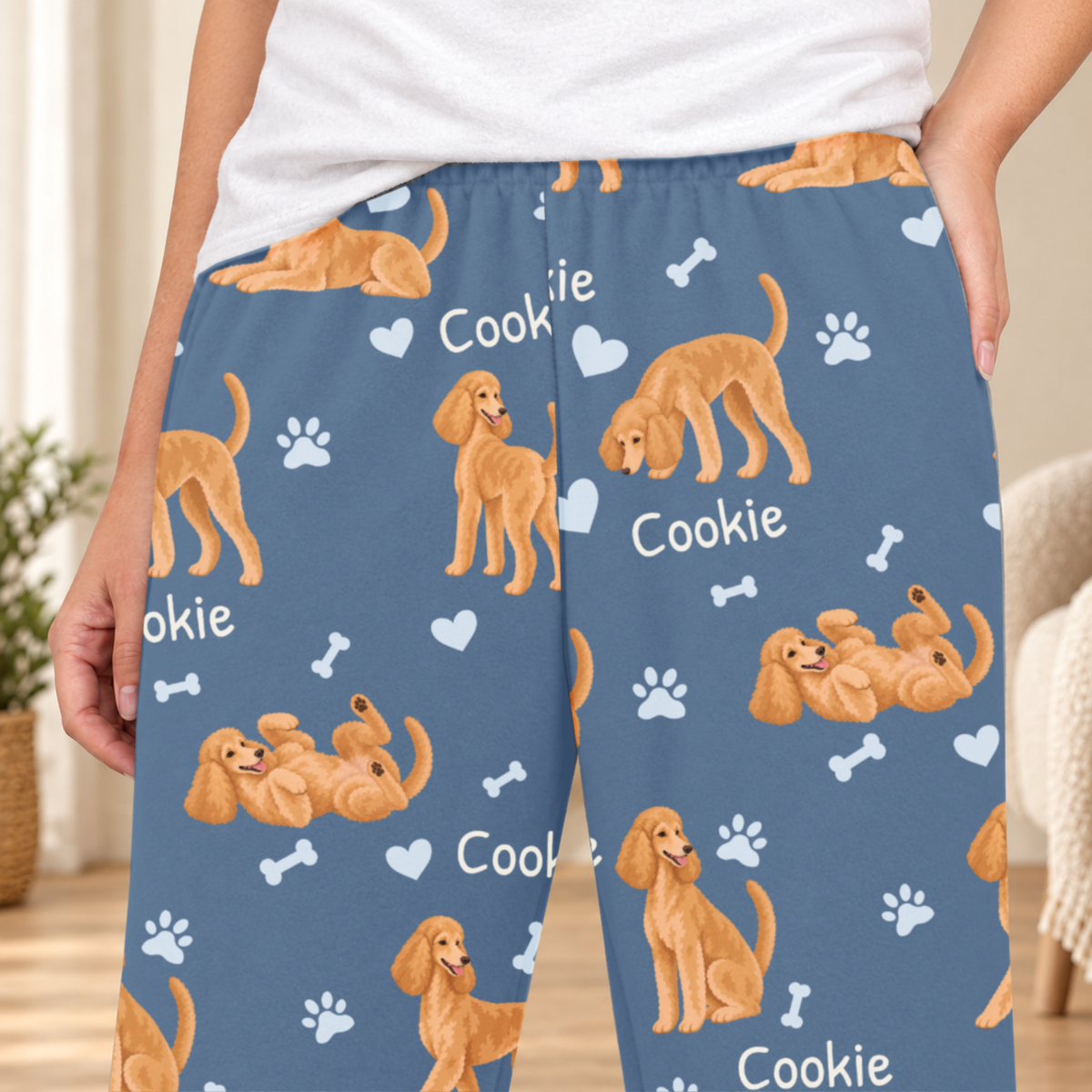 Poodle personalized fleece pajama close-up showing breed artwork and example pet name