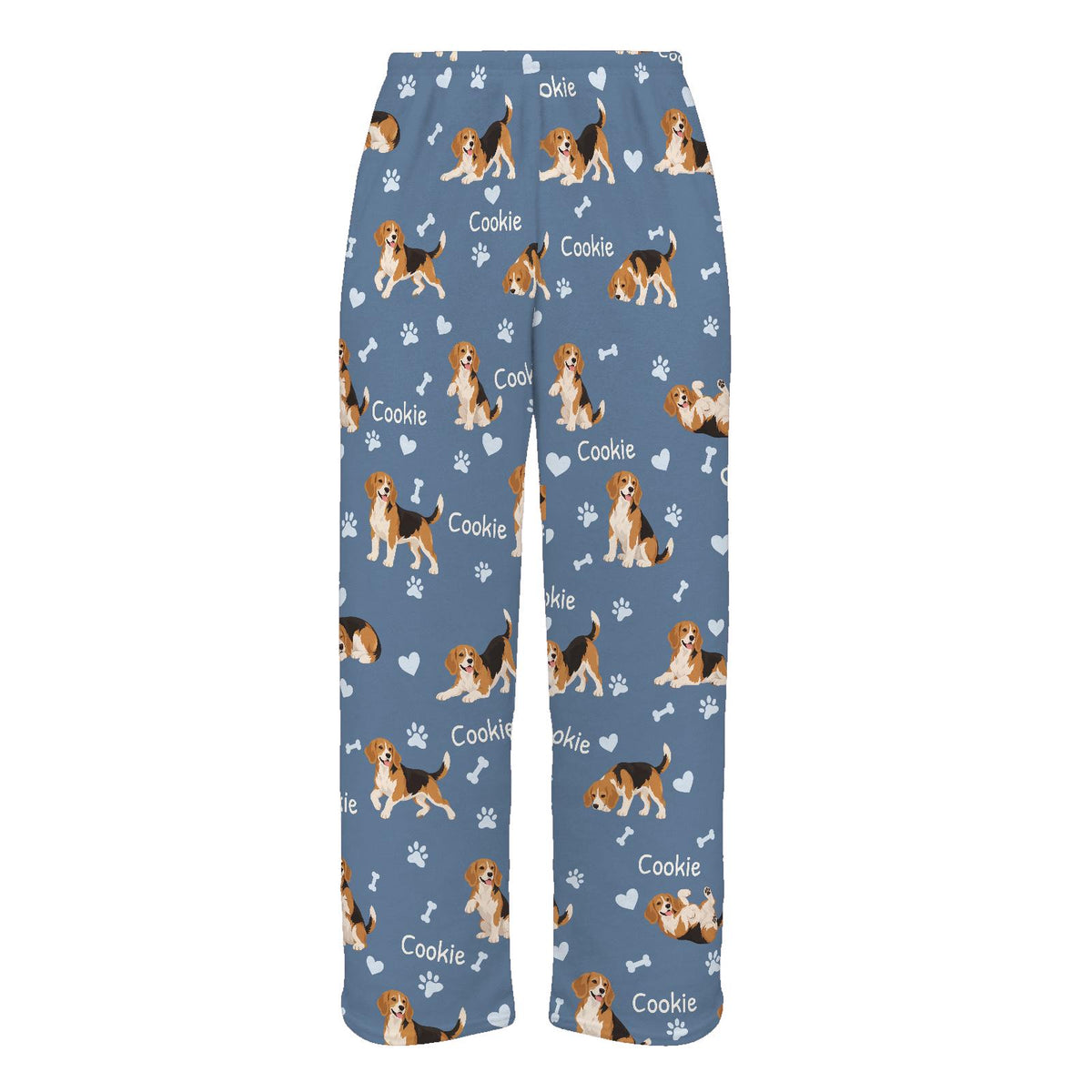 Beagle personalized pet name fleece pajama trousers, flat front view.