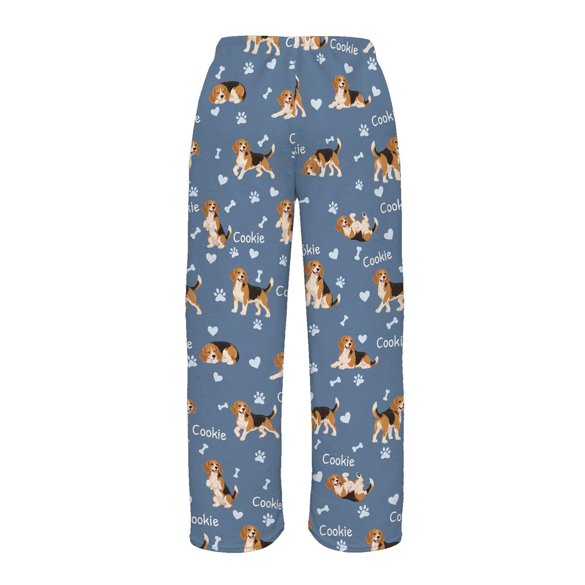 Beagle personalized pet name fleece pajama trousers, flat back view.