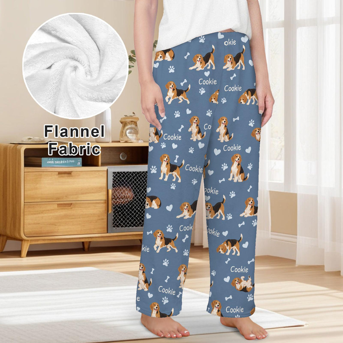 Beagle personalized pet name fleece pajama trousers, front lifestyle view.