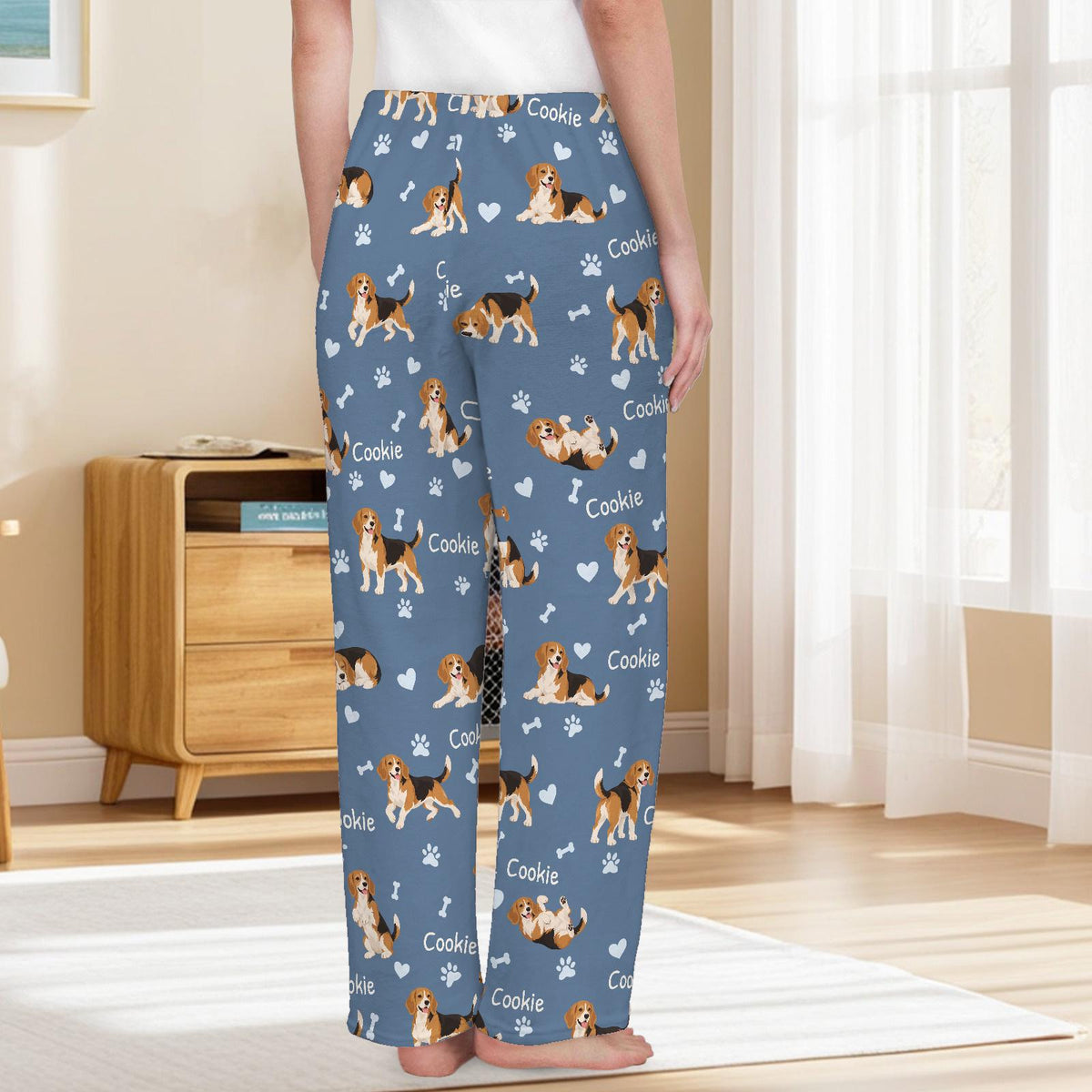 Beagle personalized pet name fleece pajama trousers, back lifestyle view.