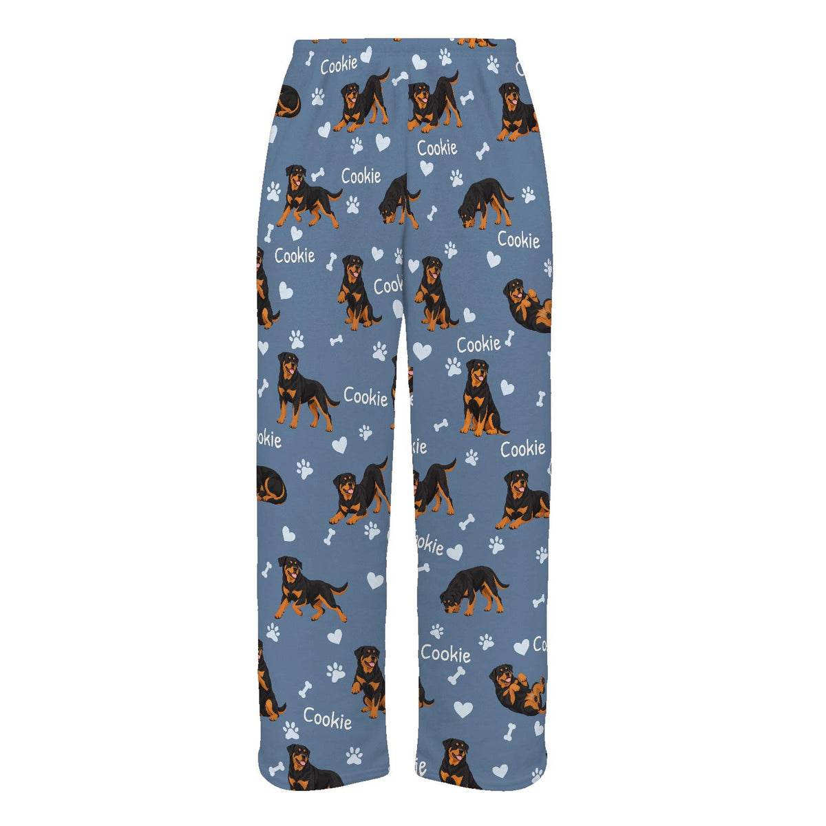 Rottweiler personalized pet name fleece pajama trousers, flat front view.