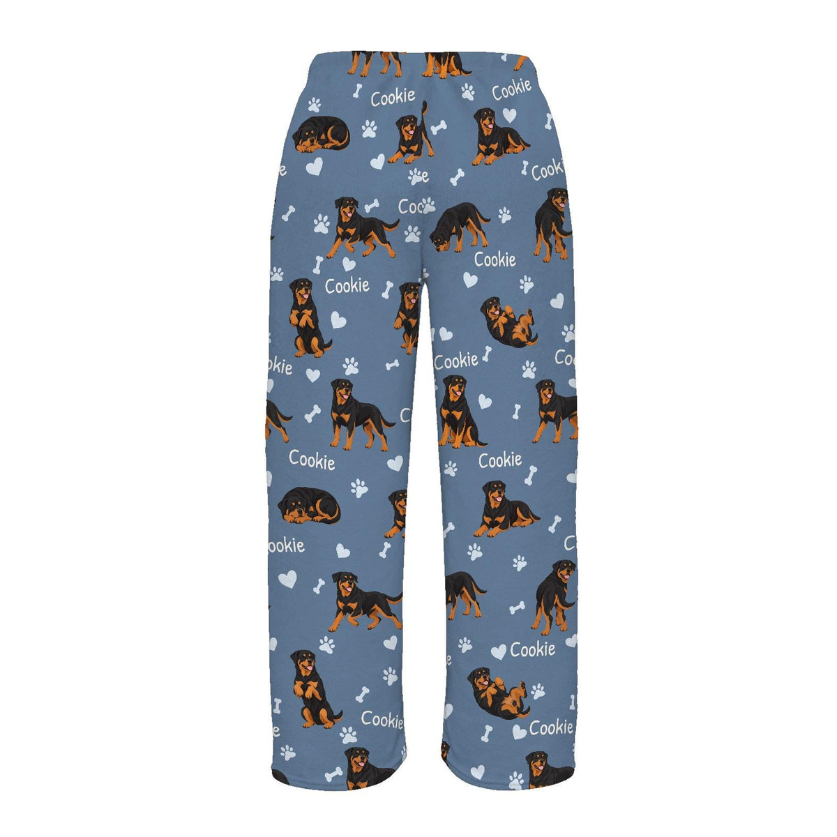 Rottweiler personalized pet name fleece pajama trousers, flat back view.