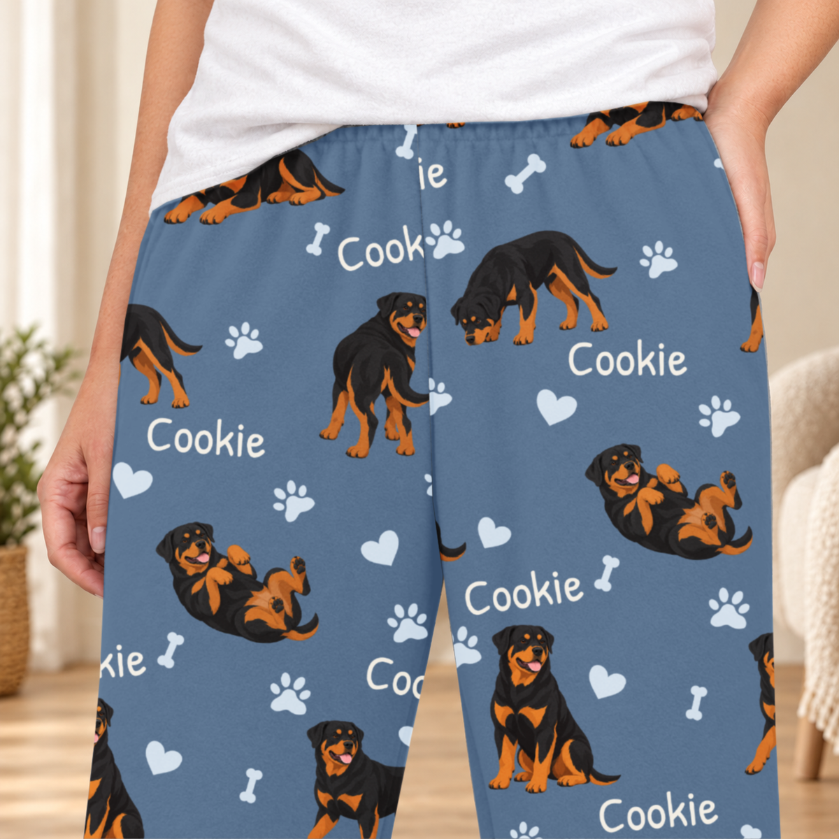 Rottweiler personalized fleece pajama close-up showing breed artwork and example pet name
