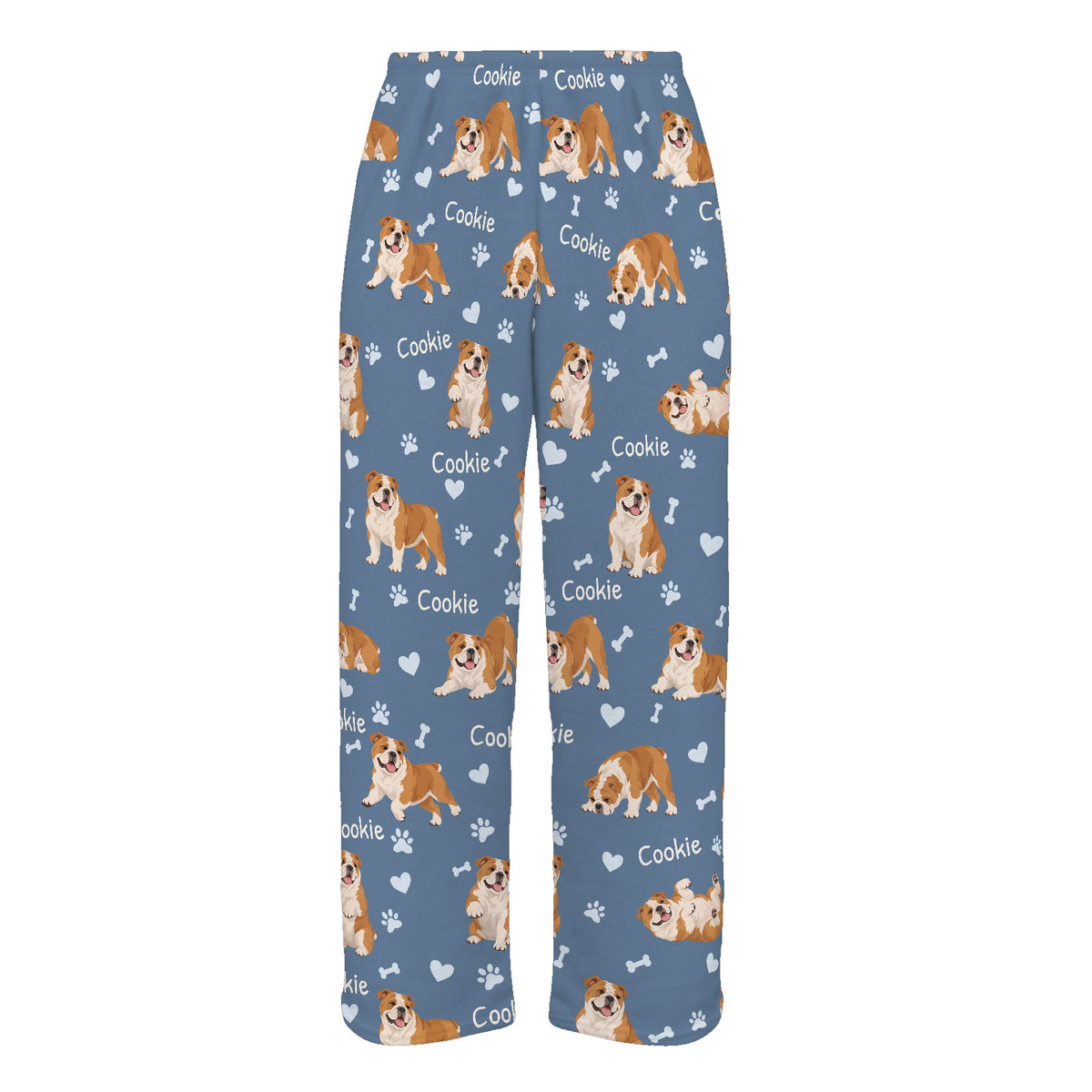 Bulldog personalized pet name fleece pajama trousers, flat front view.