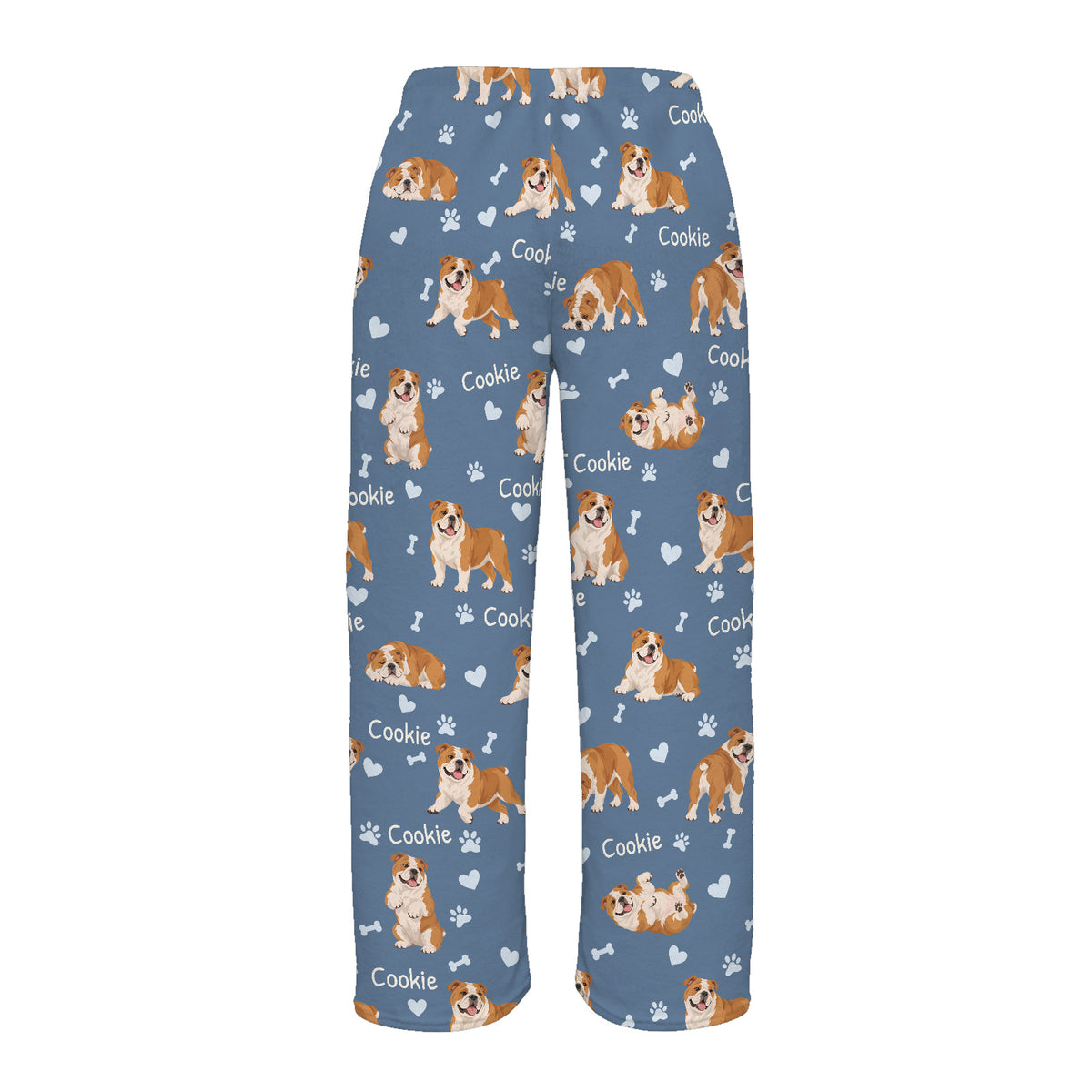 Bulldog personalized pet name fleece pajama trousers, flat back view.