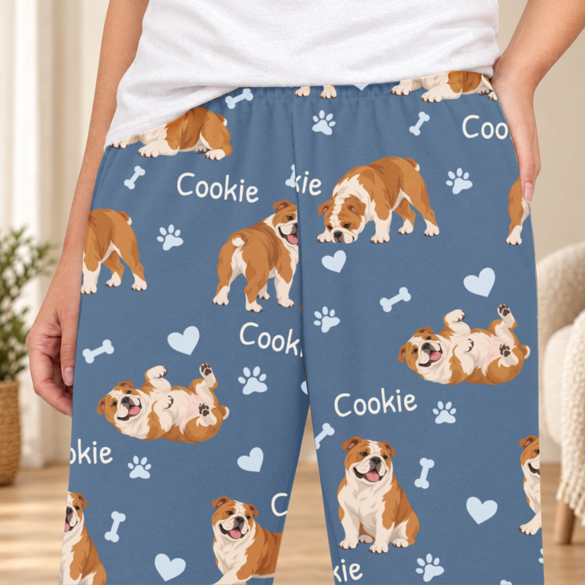 Bulldog personalized fleece pajama close-up showing breed artwork and example pet name