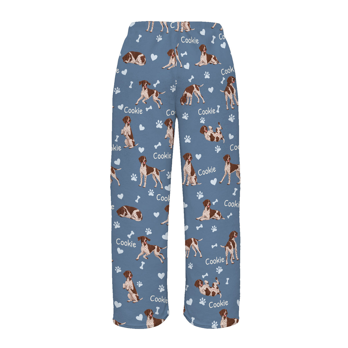 German Shorthaired Pointer personalized pet name fleece pajama trousers, flat back view.
