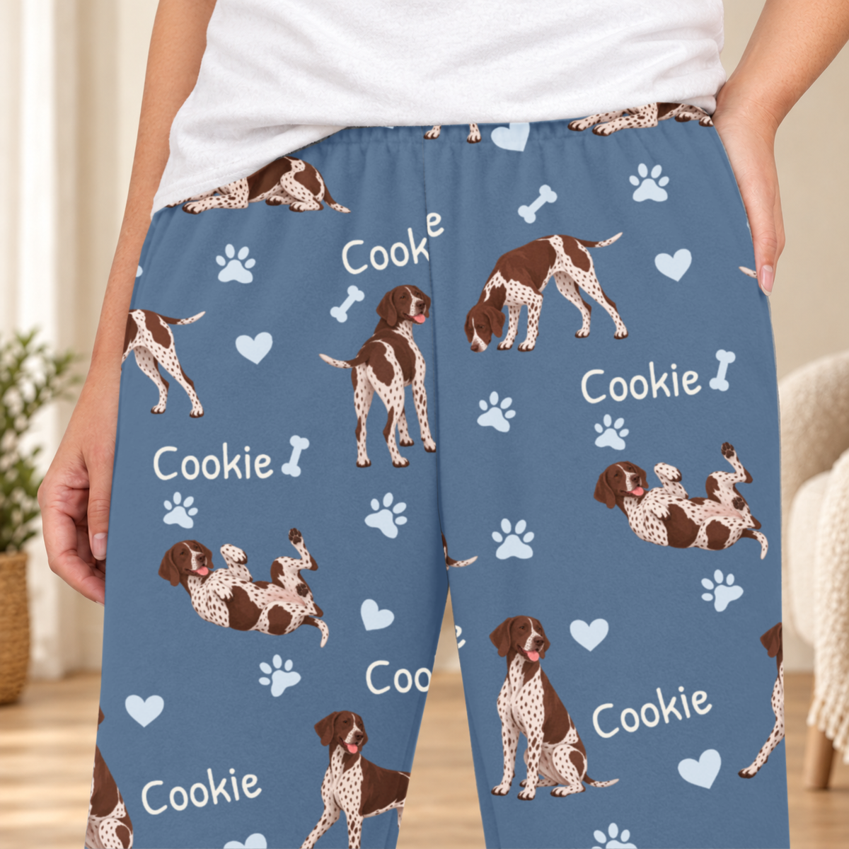 German Shorthaired Pointer personalized fleece pajama close-up showing breed artwork and example pet name
