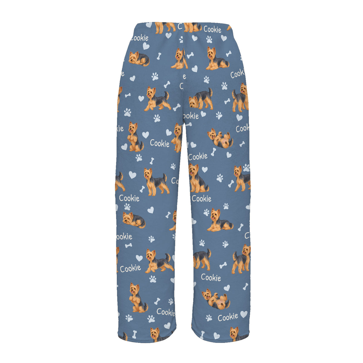 Yorkshire Terrier personalized pet name fleece pajama trousers, flat back view.