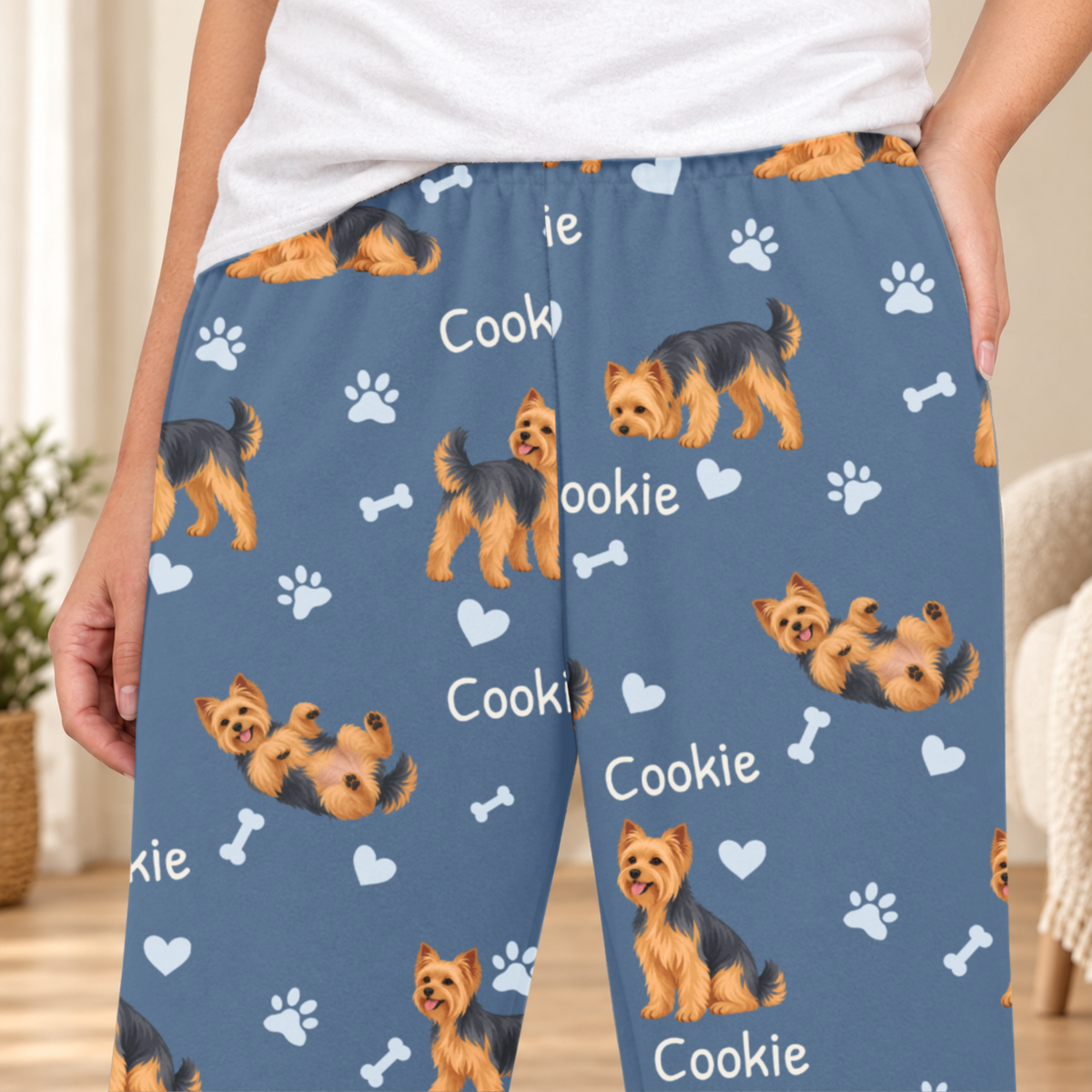 Yorkshire Terrier personalized fleece pajama close-up showing breed artwork and example pet name