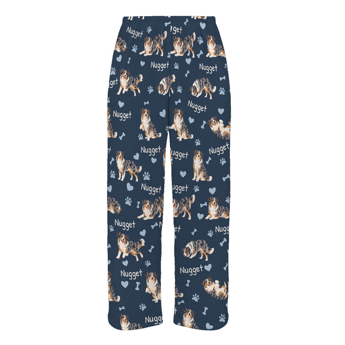 Australian Shepherd personalized pet name fleece pajama trousers, flat front view.