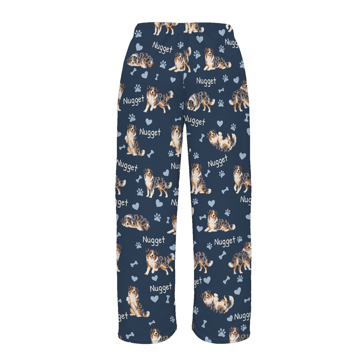 Australian Shepherd personalized pet name fleece pajama trousers, flat back view.