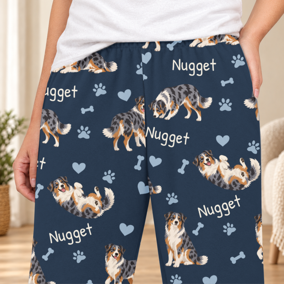 Australian Shepherd personalized fleece pajama close-up showing breed artwork and example pet name