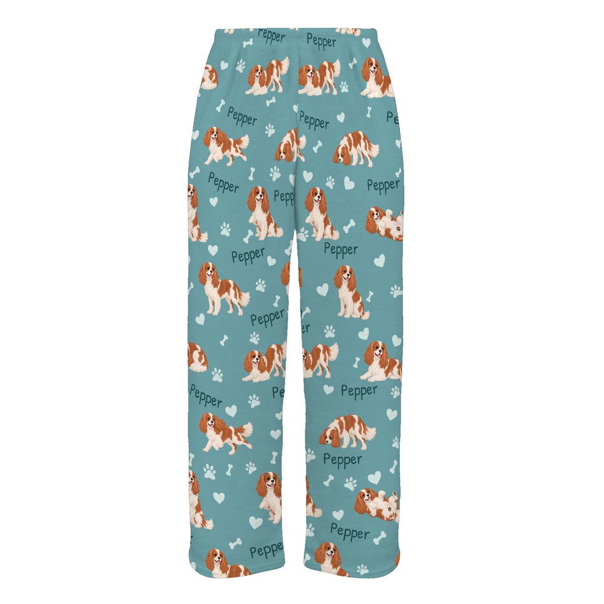 Cavalier King Charles Spaniel personalized pet name fleece pajama trousers, flat front view.