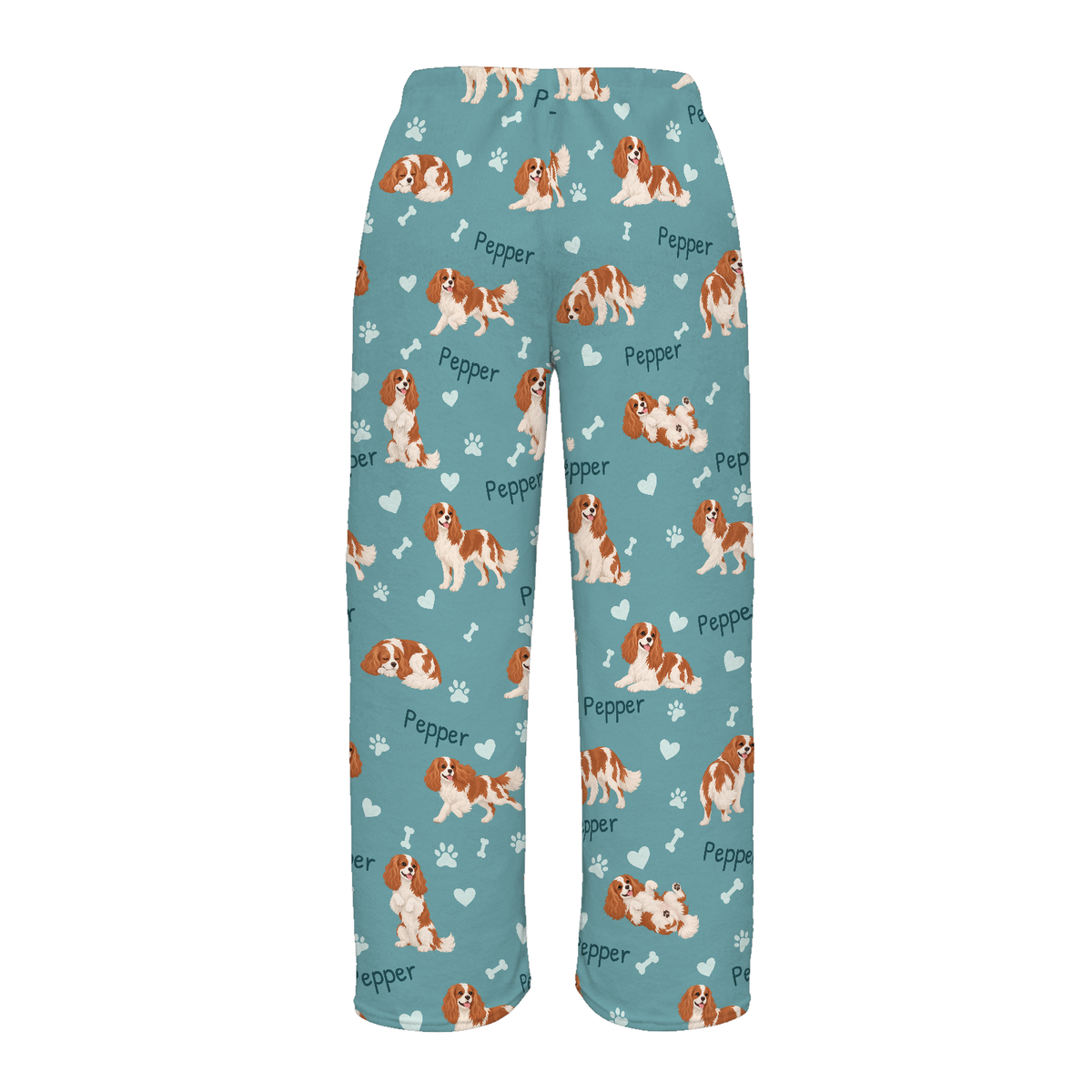 Cavalier King Charles Spaniel personalized pet name fleece pajama trousers, flat back view.