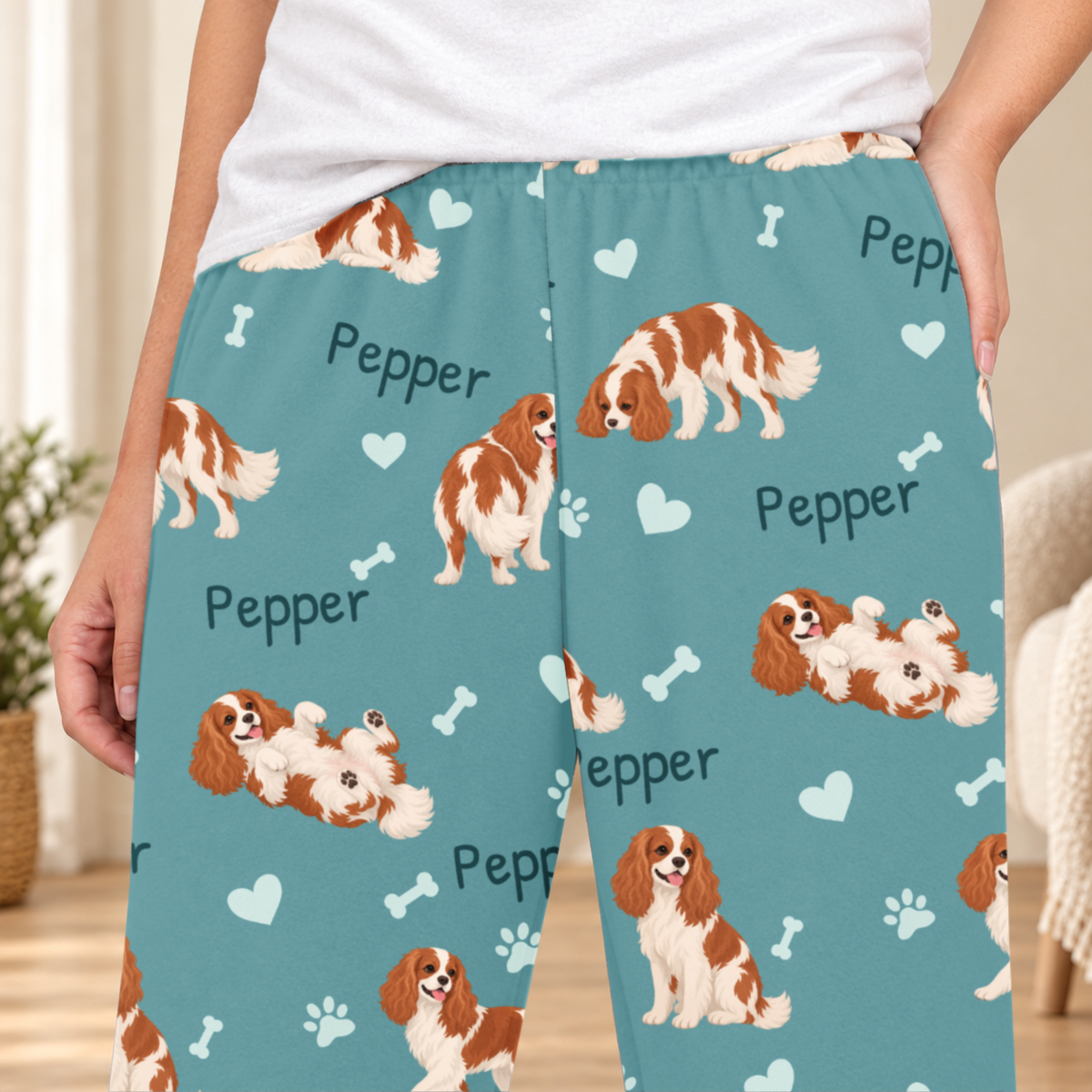 Cavalier King Charles Spaniel personalized fleece pajama close-up showing breed artwork and example pet name
