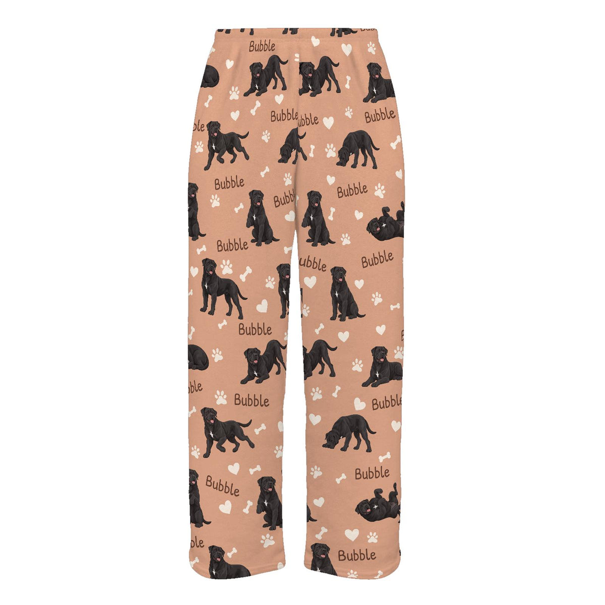 Cane Corso personalized pet name fleece pajama trousers, flat front view.