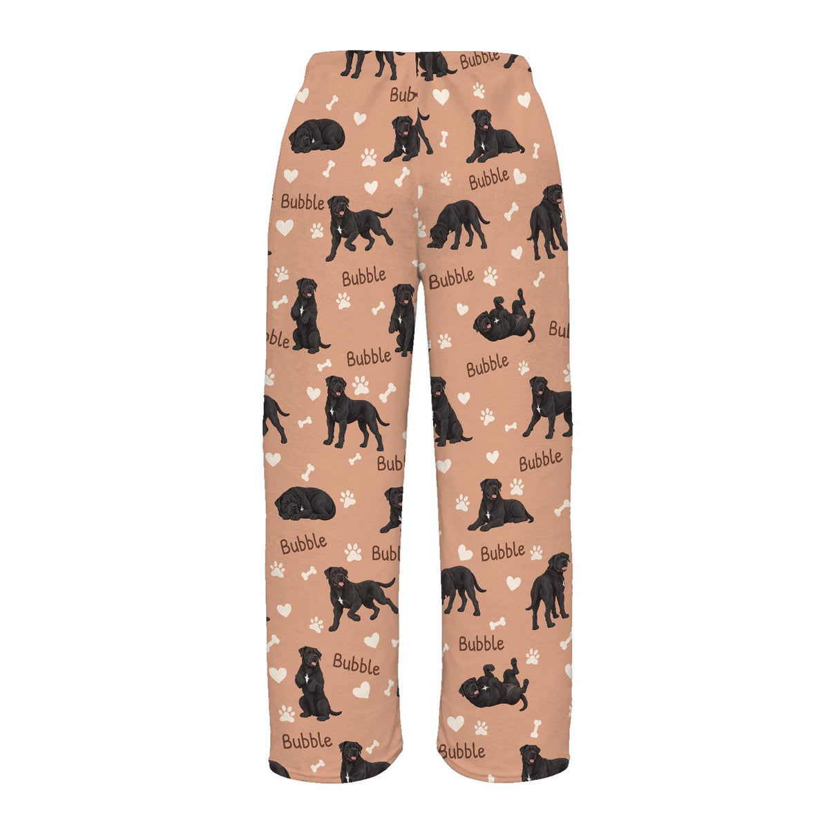 Cane Corso personalized pet name fleece pajama trousers, flat back view.