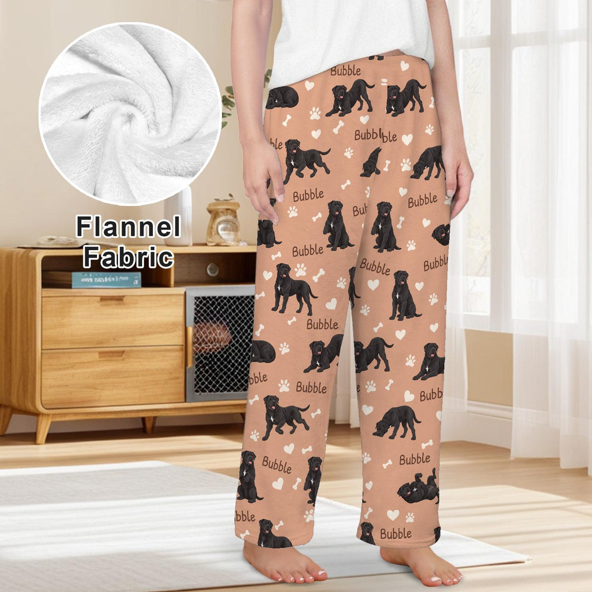 Cane Corso personalized pet name fleece pajama trousers, front lifestyle view.