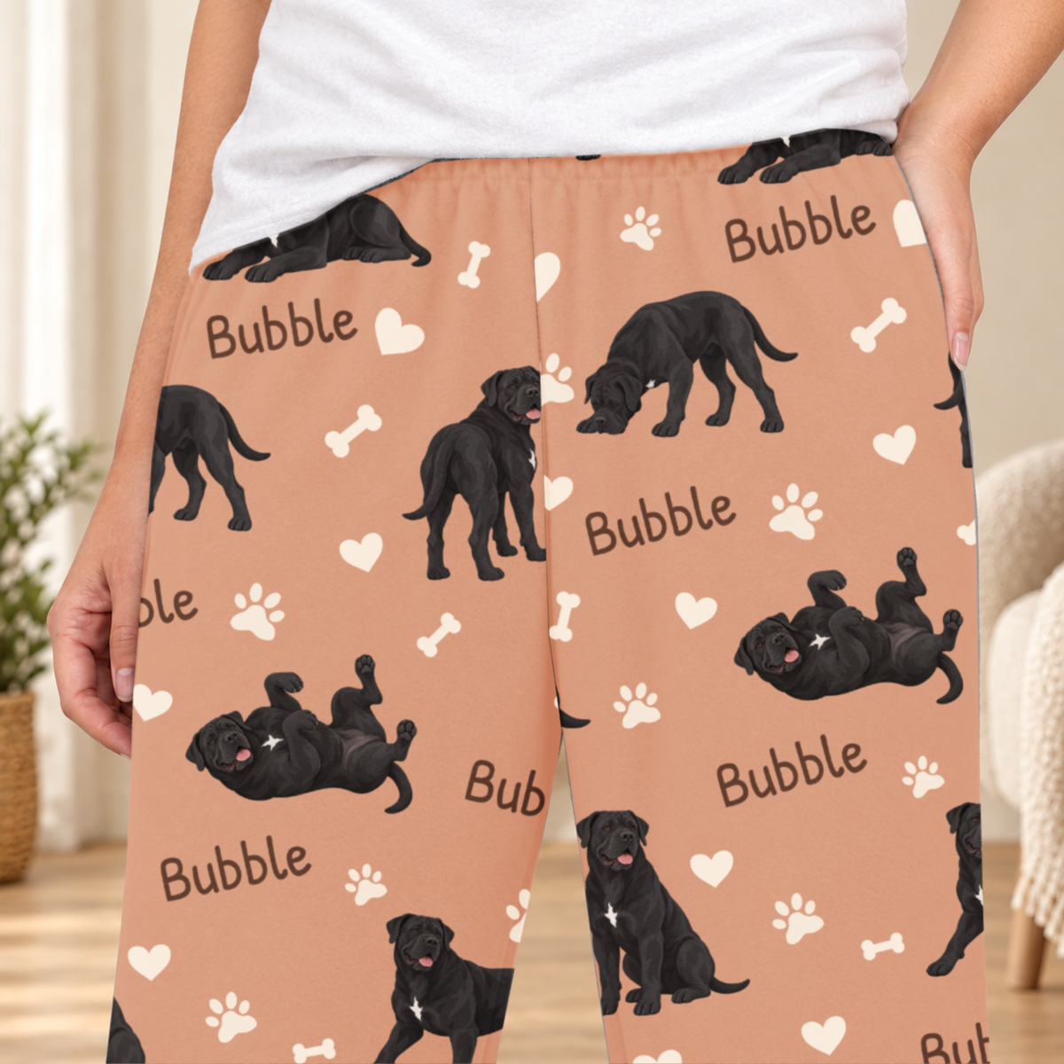 Cane Corso personalized fleece pajama close-up showing breed artwork and example pet name