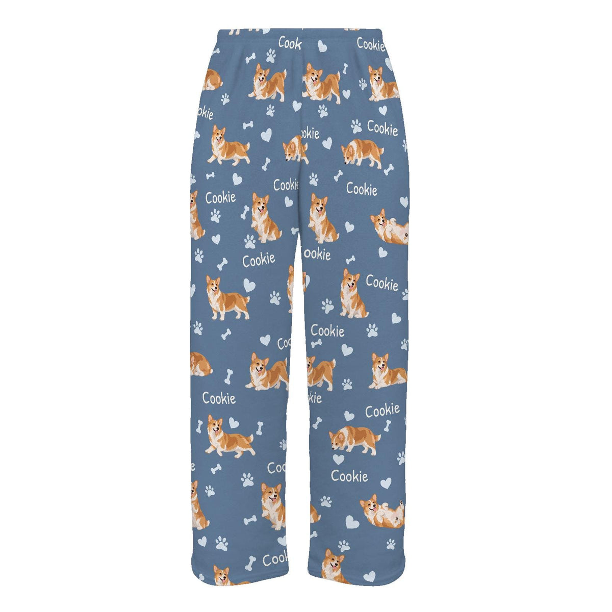 Pembroke Welsh Corgi personalized pet name fleece pajama trousers, flat front view.