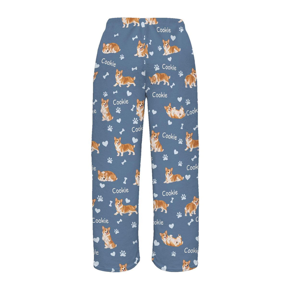 Pembroke Welsh Corgi personalized pet name fleece pajama trousers, flat back view.