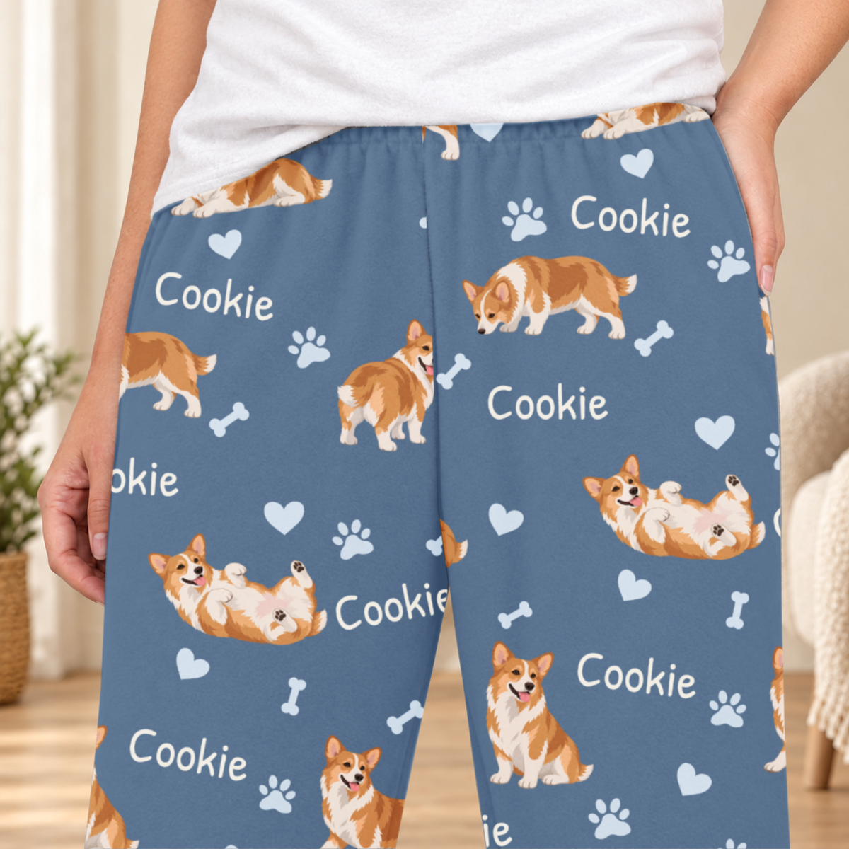 Pembroke Welsh Corgi personalized fleece pajama close-up showing breed artwork and example pet name