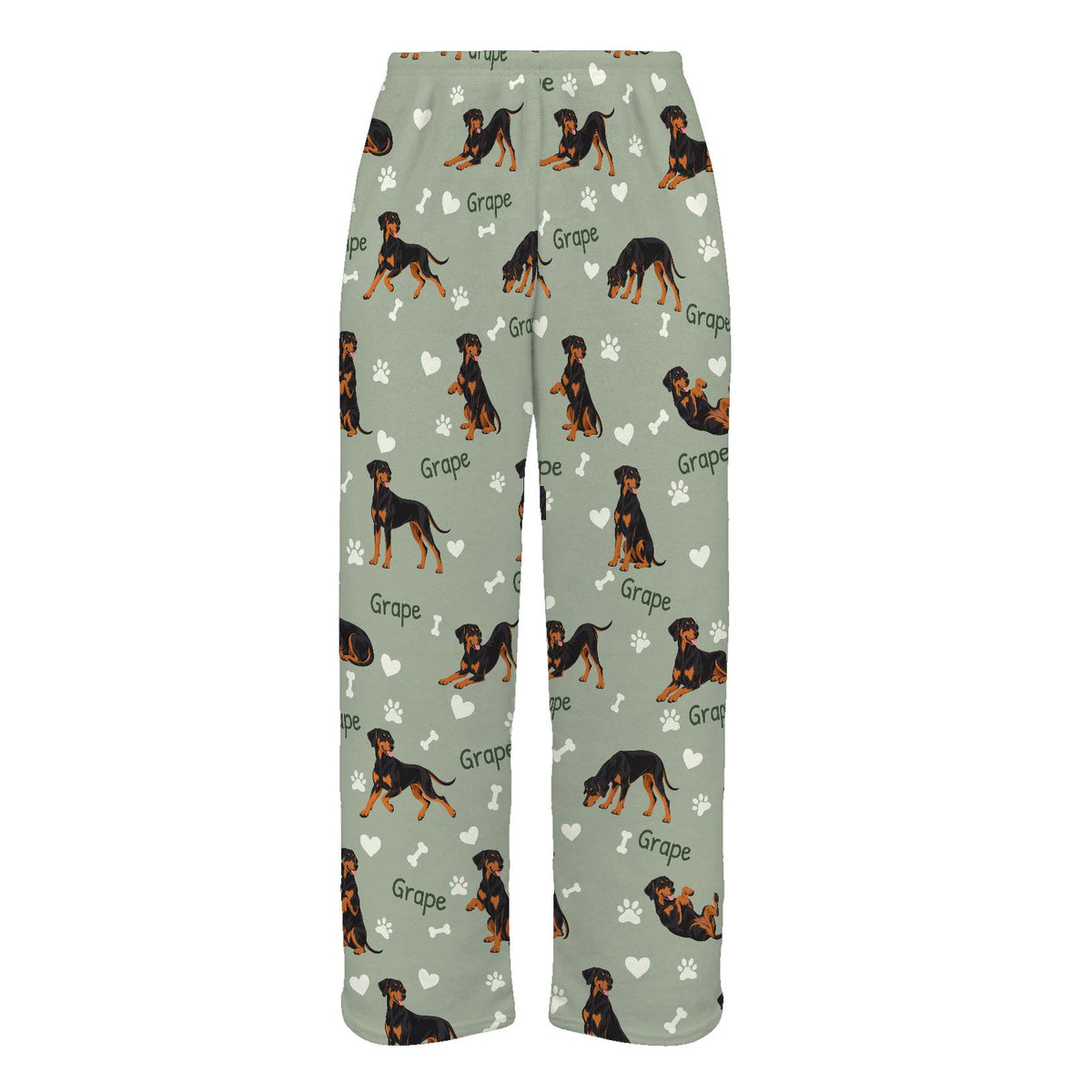 Doberman Pinscher personalized pet name fleece pajama trousers, flat front view.