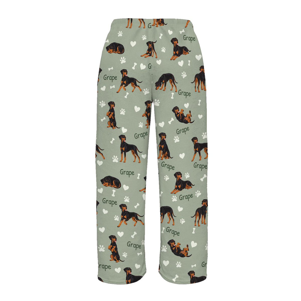 Doberman Pinscher personalized pet name fleece pajama trousers, flat back view.
