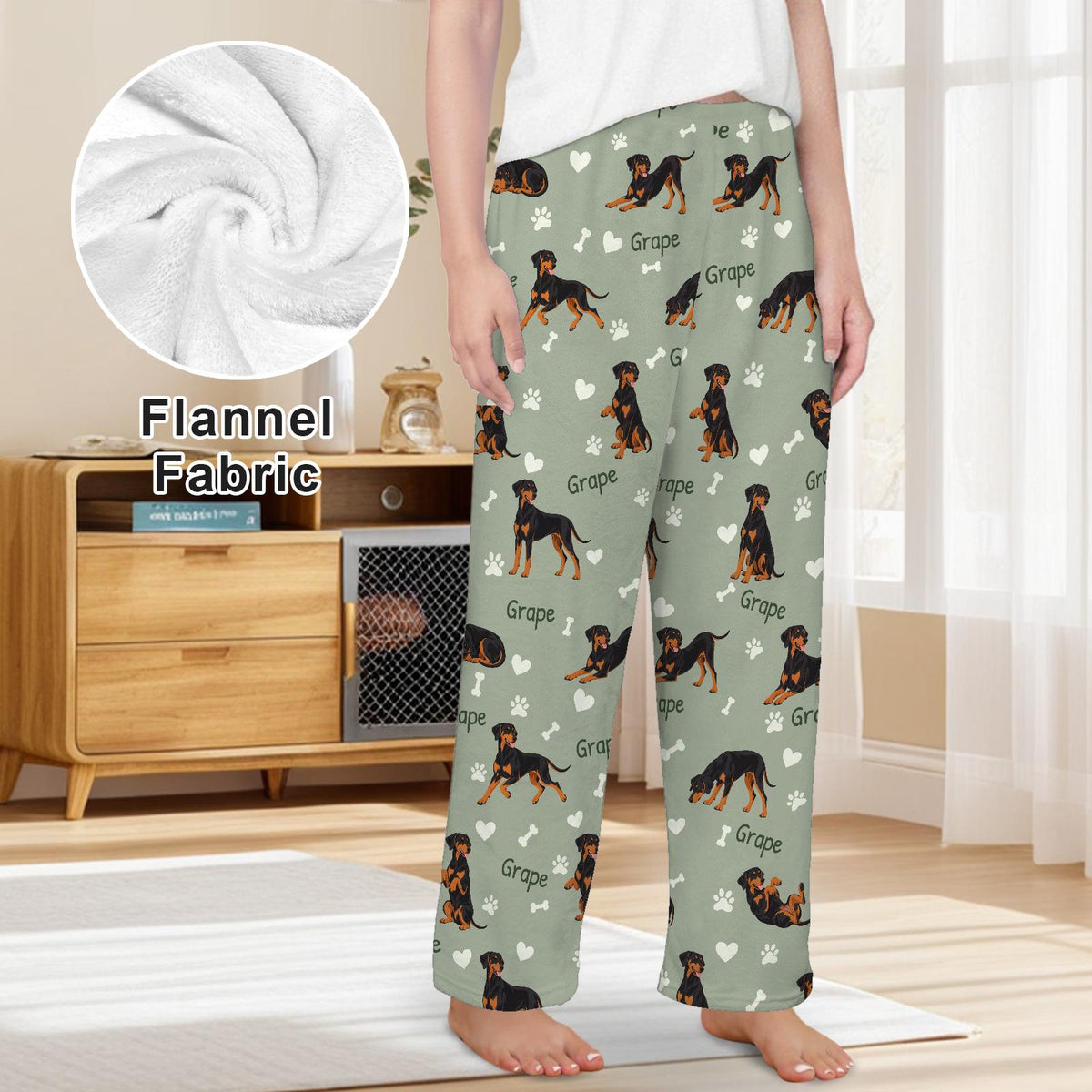 Doberman Pinscher personalized pet name fleece pajama trousers, front lifestyle view.