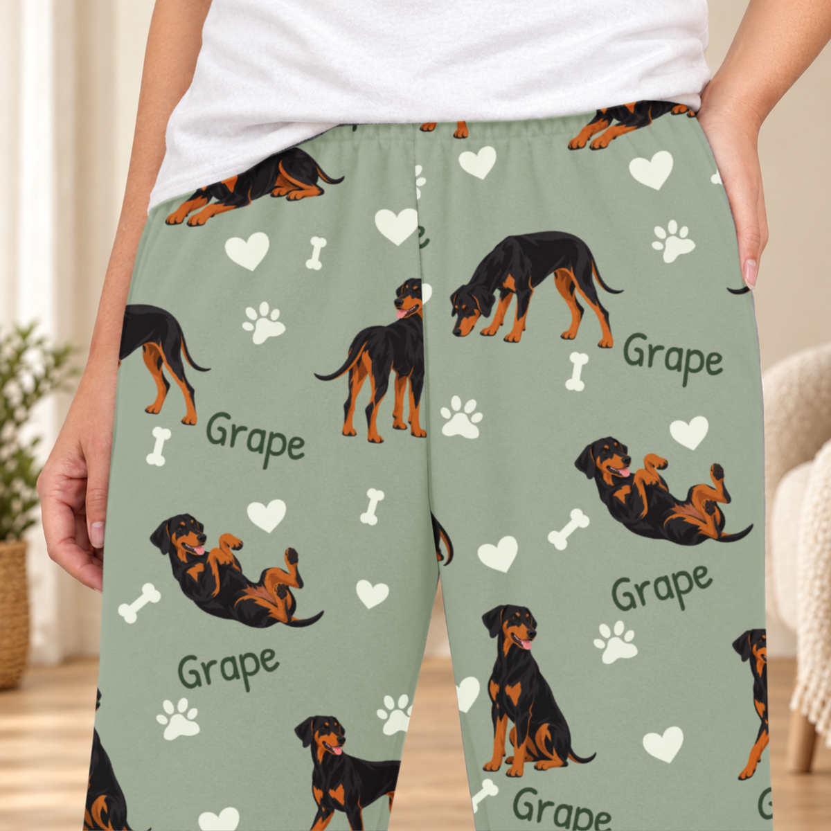 Doberman Pinscher personalized fleece pajama close-up showing breed artwork and example pet name