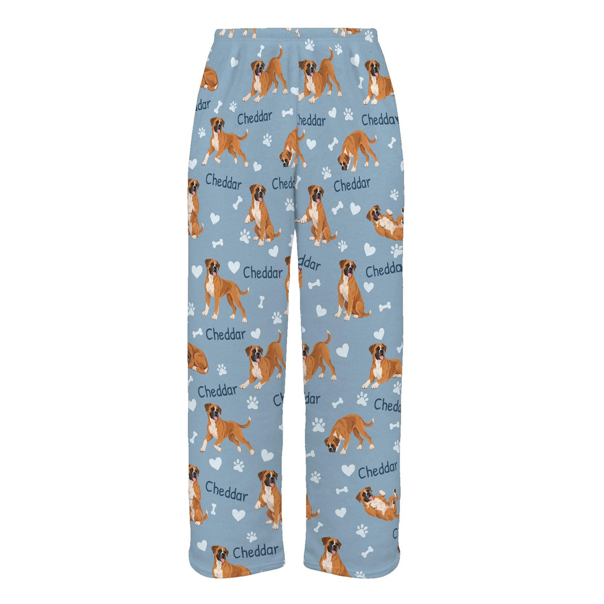 Boxer personalized pet name fleece pajama trousers, flat front view.
