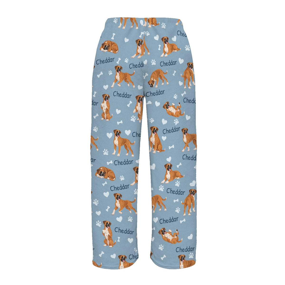 Boxer personalized pet name fleece pajama trousers, flat back view.