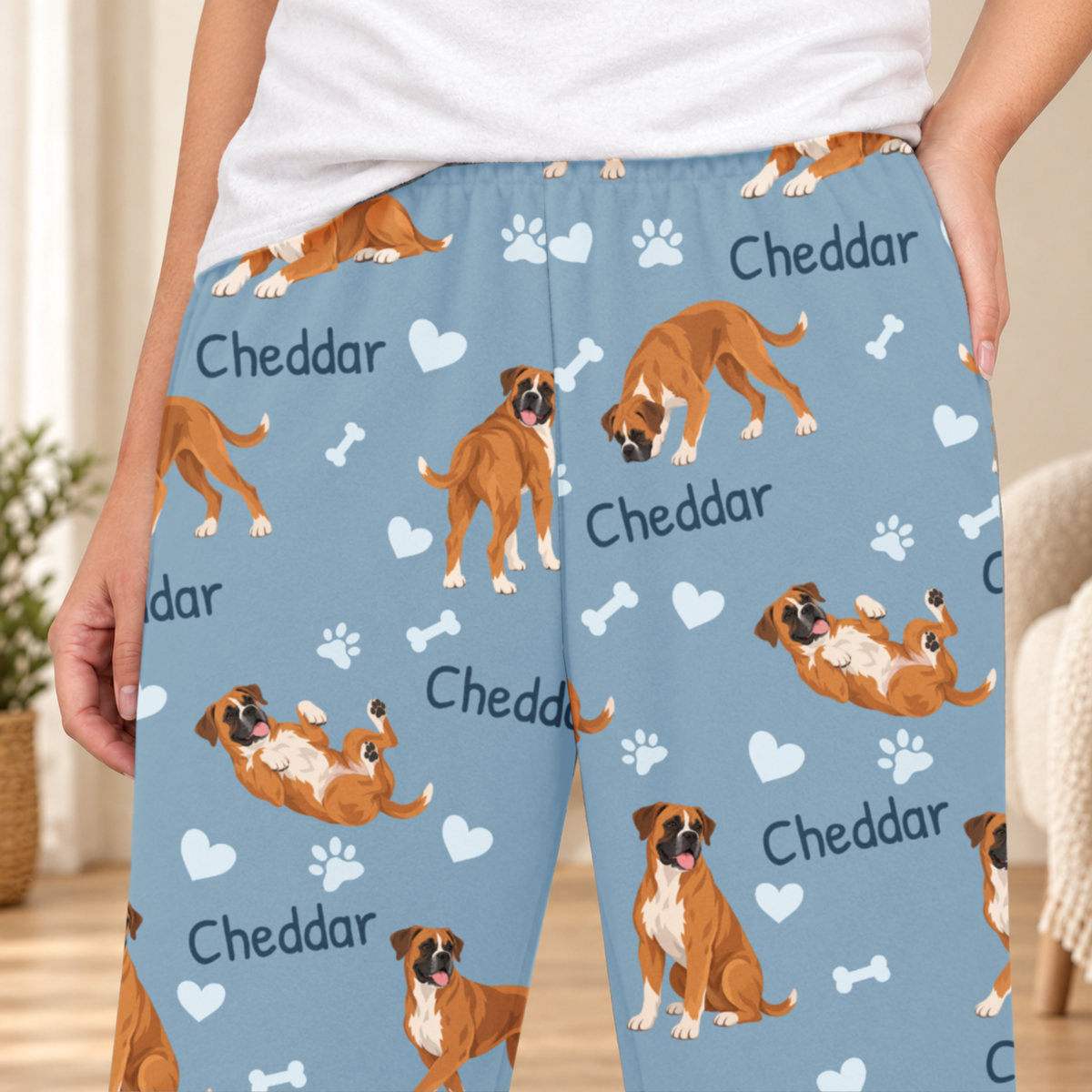 Boxer personalized fleece pajama close-up showing breed artwork and example pet name