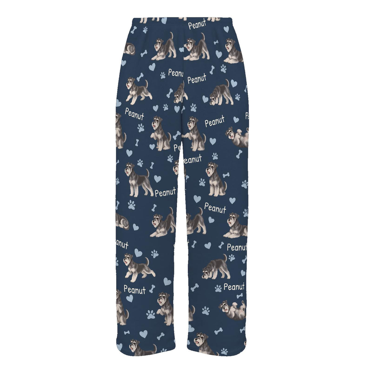 Miniature Schnauzer personalized pet name fleece pajama trousers, flat front view.