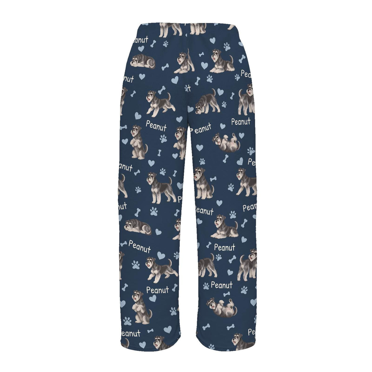 Miniature Schnauzer personalized pet name fleece pajama trousers, flat back view.