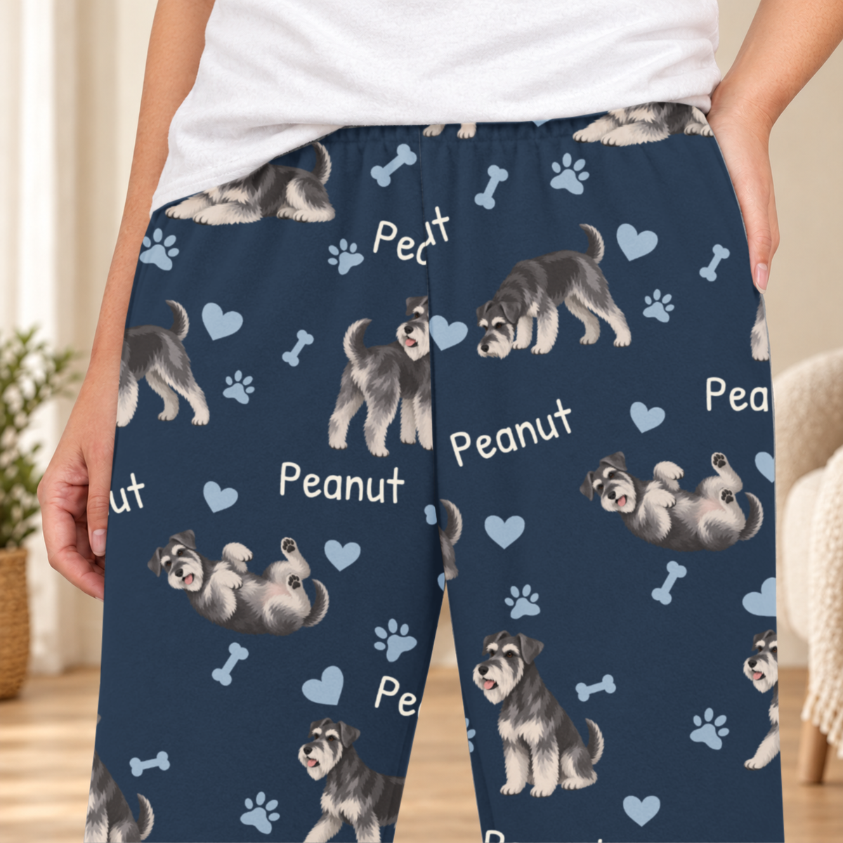 Miniature Schnauzer personalized fleece pajama close-up showing breed artwork and example pet name