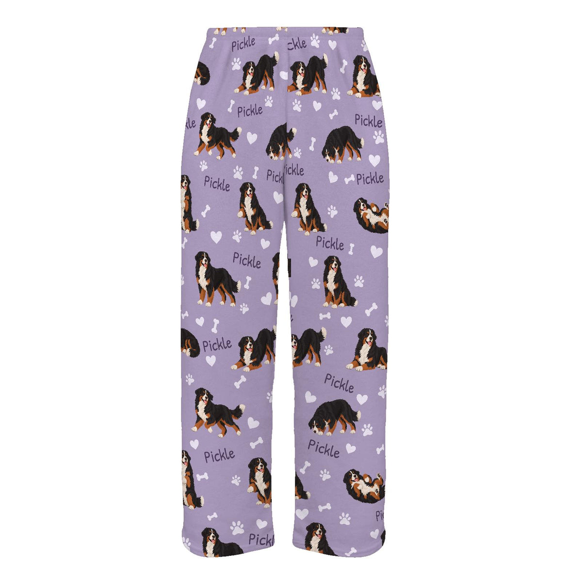 Bernese Mountain Dog personalized pet name fleece pajama trousers, flat front view.